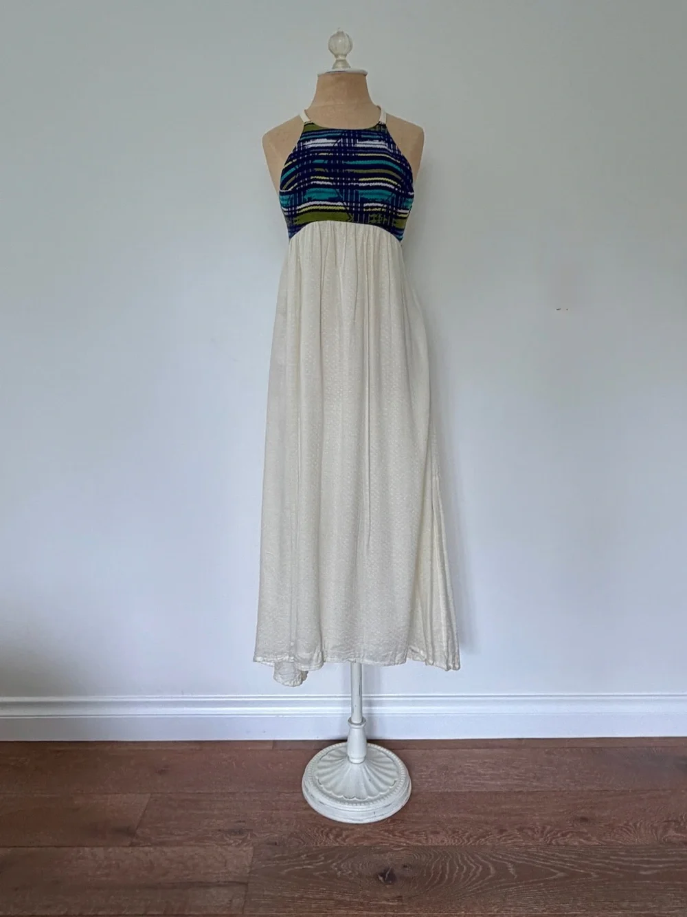 Roxy Cream Maxi Dress with Blue and Green Patterned Bodice